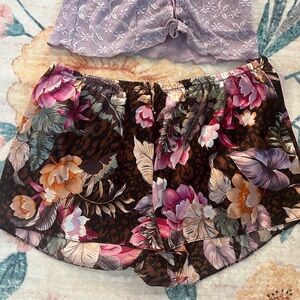 Floral Satin Sleep Shorts in Brown and Pink
